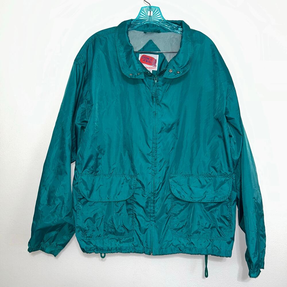 Stow It Away Teal Nylon Rain Jacket Hooded Windbreaker Large